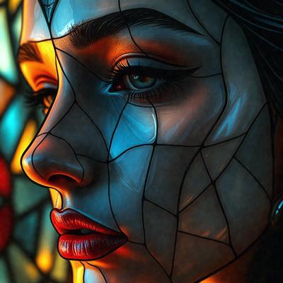 The primary subject of the image is a woman with a tear on her face. She is looking at the camera with a sad expression. The setting is a stained glass window, which adds a unique and artistic backdrop to the scene. The visual style is a combination of photo and digital art, creating a striking and emotional portrait. The colors and mood of the image are predominantly blue and red, with the blue tint of the stained glass window and the red tear on the woman's face.
